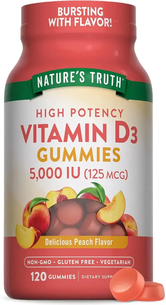 Nature's Truth Vitamin D3 Gummies | 5000 IU | 120 Count | Peach Flavor | Vegetarian, Non-GMO & Gluten Free Supplement 