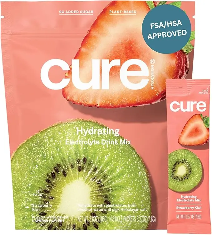 Cure Hydration | Plant-Based Electrolyte Drink Mix | No Added Sugar | Dehydration Relief Powder Made with Coconut Water | Non-GMO | Vegan | FSA & HSA | Pouch of 14 Packets - Strawberry Kiwi 