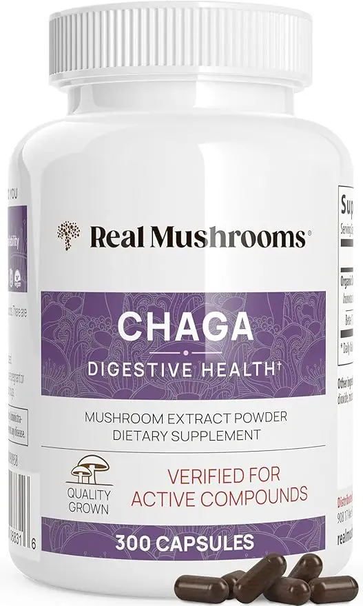 Real Mushrooms Chaga Capsules - Organic Mushroom Supplement with Chaga Extract - Chaga Mushroom Powder for Digestion, Energy, & Immune Support - Vegan Mushroom Extract, Non-GMO, 300 Caps 