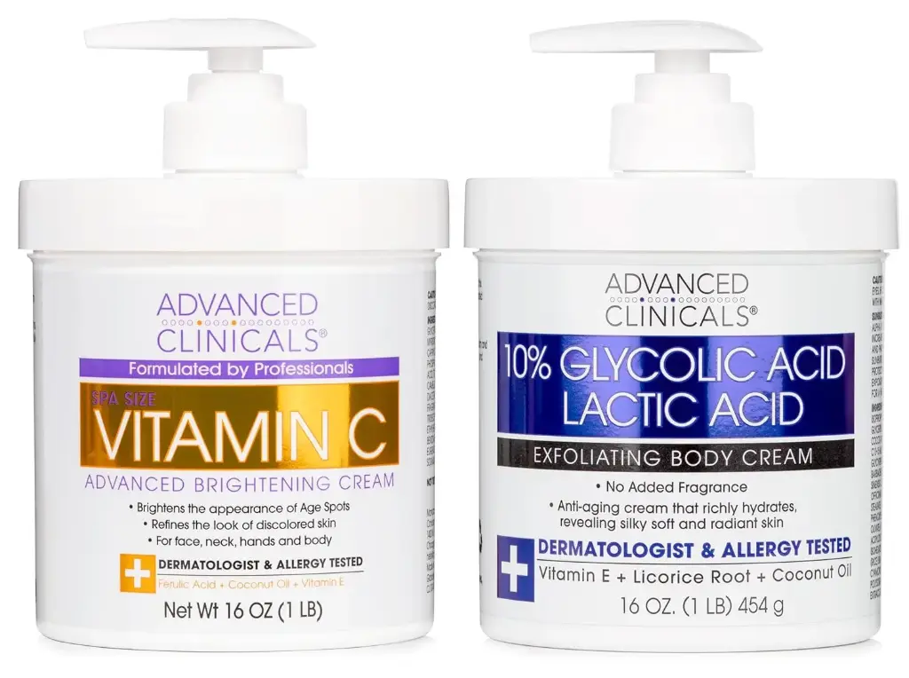Advanced Clinicals Brightening Vitamin C Cream + 10% Glycolic Acid & Lactic Acid Exfoliating Body Lotion 2PC Skin Care Bundle | Brightening Body Moisturizer | KP Bump Eraser | Keratosis Pilaris, 2PC