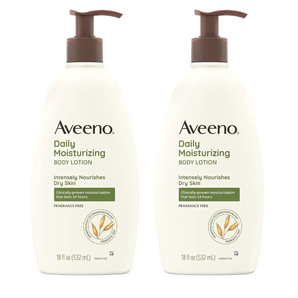 Aveeno Daily Moisturizing Body Lotion with Soothing Prebiotic Oat, Gentle Lotion Nourishes Dry Skin With Moisture, Paraben-, Dye- & Fragrance-Free, Non-Greasy & Non-Comedogenic, 2 x 18 oz 