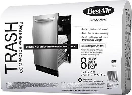 BestAir WMCK133508-3 Heavy Duty Trash Compactor Bags, 16'' D x 9'' W x 17'' H, 24 Count (Pack of 3), Brown 