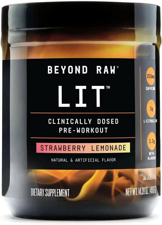 BEYOND RAW LIT | Clinically Dosed Pre-Workout Powder | Contains Caffeine, L-Citrulline, Beta-Alanine, and Nitric Oxide | Strawberry Lemonade | 30 Servings 