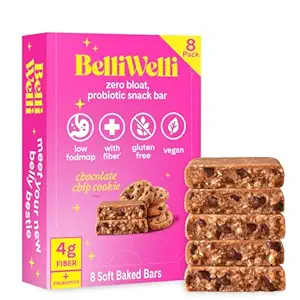 Belliwelli Soft Baked Probiotic Snack Bars | Gluten-Free, Dairy-Free, Vegan, Low-FODMAP | High-Fiber, Healthy & Tasty | Chocolate Chip (8 Pack) 