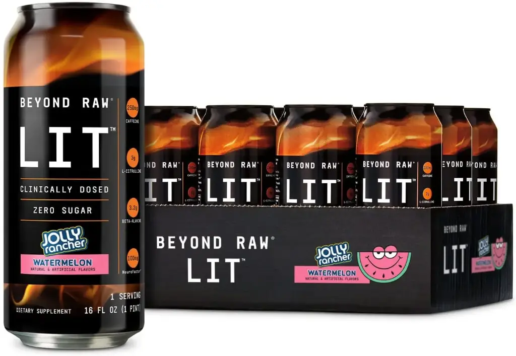 BEYOND RAW LIT On The Go | Ready to Drink Cans | Contains Caffeine, L-Citrulline, Beta-Alanine, and Nitric Oxide | Jolly Rancher Watermelon | 12 Count 