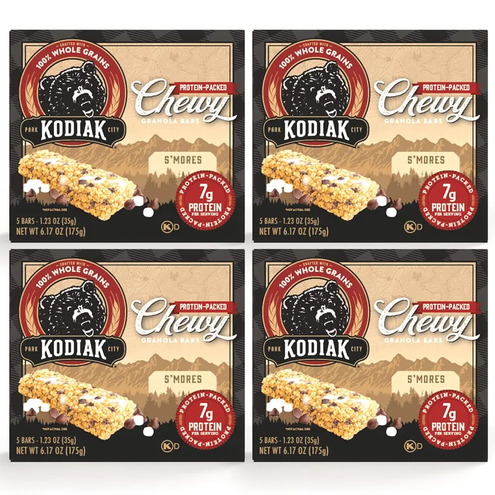 Kodiak Cakes Protein Chewy Granola Bar, S'mores, (Pack of 4 Boxes) 