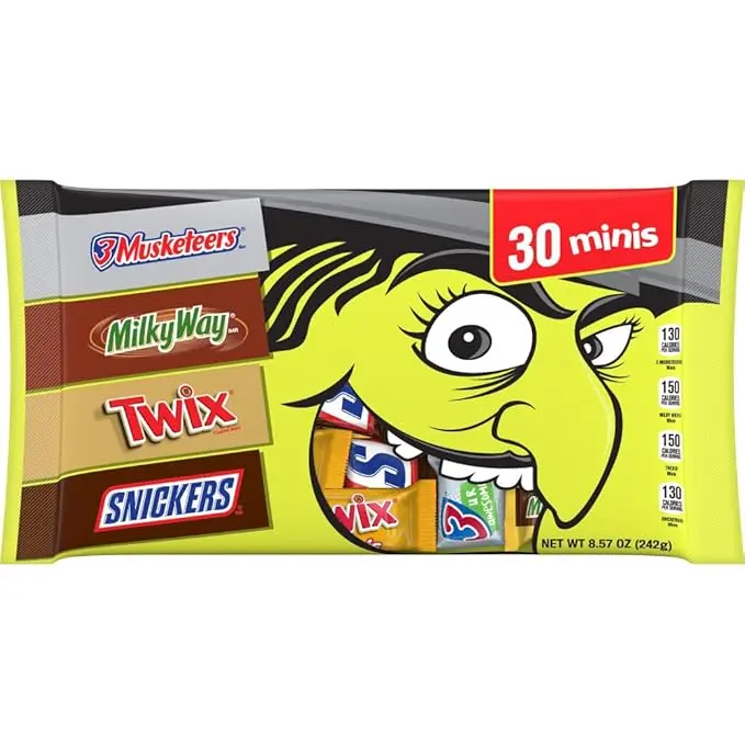 SNICKERS, TWIX, MILKY WAY & 3 MUSKETEERS Minis Individually Wrapped Trick or Treat Halloween Candy Bars, 30 Ct, 8.57 Oz Bulk Bag 