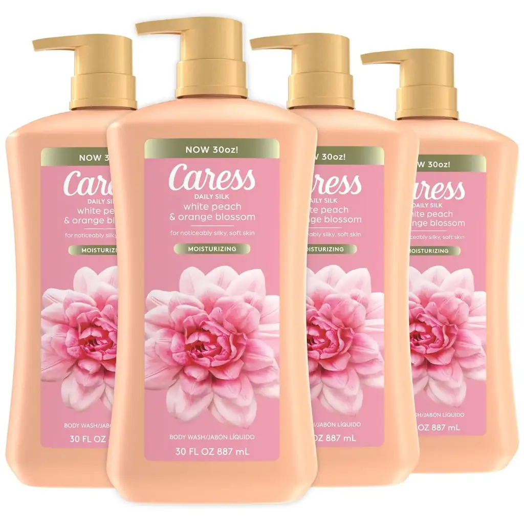 Caress Body Wash for Women with Pump, Daily Silk White Peach & Orange Blossom, Shower Gel Body Wash Moisturizing for Noticeably Silky, Soft Skin, 30 fl oz, 4 Pack 