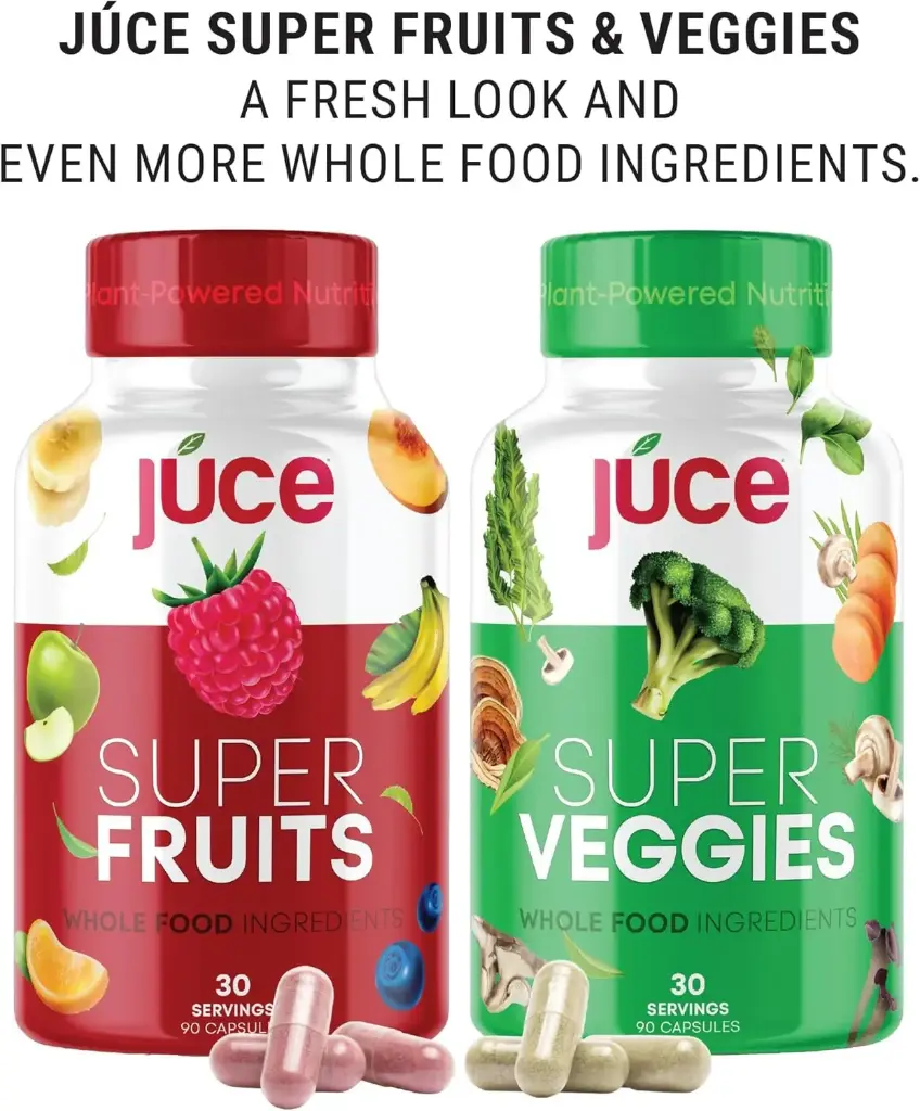 Improved Formula - Júce Super Fruits & Super Veggies Capsules - Gluten/Gelatin Free, Non GMO, Soy Free & Vegan - Reds & Greens Superfood Capsules - 23 Fruits & 23 Vegetables - 180 Count 