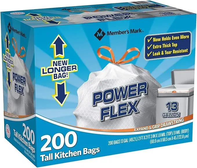 Member's Mark Power Flex Tall Kitchen Drawstring Bags, 200 Count 