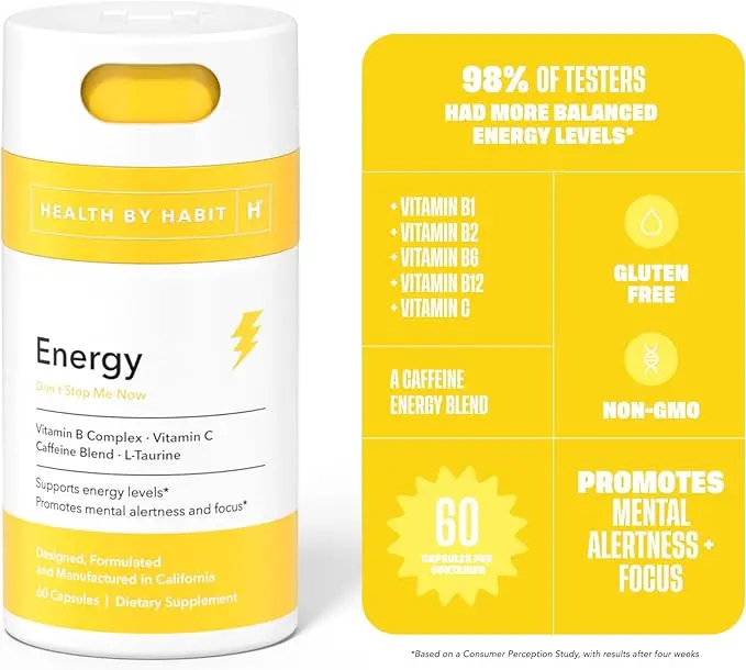 Health by Habit Energy Supplement 2 Pack (120 Capsules) - Natual Caffeine Blend, Vitamins B & C, Supports Energy Levels, Promotes Mental Alertness and Focus, Vegan, Non-GMO, Sugar Free (2 Pack) 