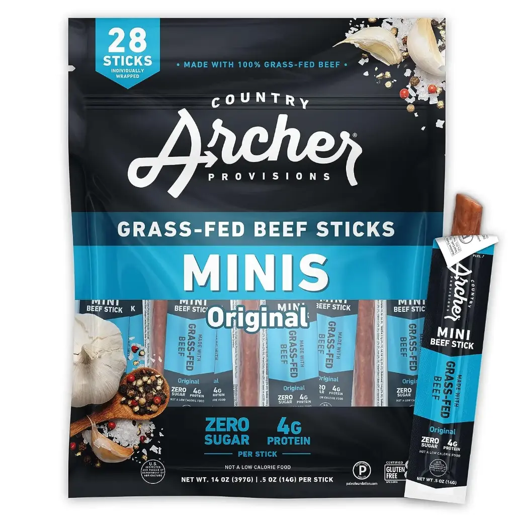 Country Archer Mini Beef Jerky Sticks - Grass Fed Beef Sticks Individually Wrapped, Mini Beef Sticks Bulk, Beef Jerky Snack Packs, Gluten Free, Paleo, Keto - .5 oz Meat Sticks (Pack of 28) 