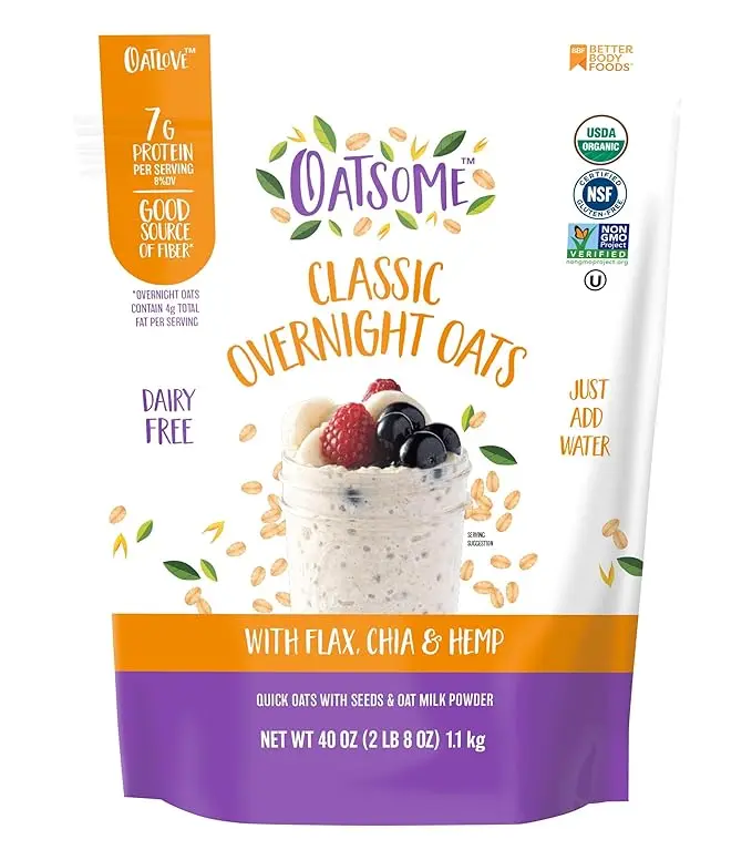 Oatsome Organic Overnight Oats with Chia, Flax, & Hemp, Gluten-Free Oatmeal with 7g of Protein, 2.5 lb Bag 