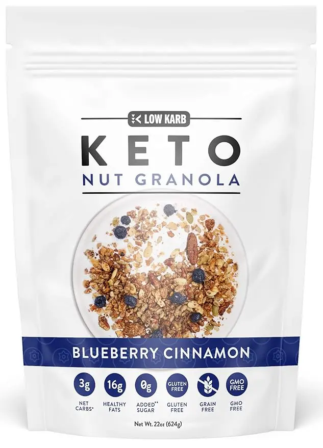 Low Karb NuTrail, Keto Blueberry Nut Granola Healthy Breakfast Cereal, Low Carb Snacks & Food, Almonds, Pecans, Coconut and More, 2g Net Carbs, 1.37 lb, 22 Oz 