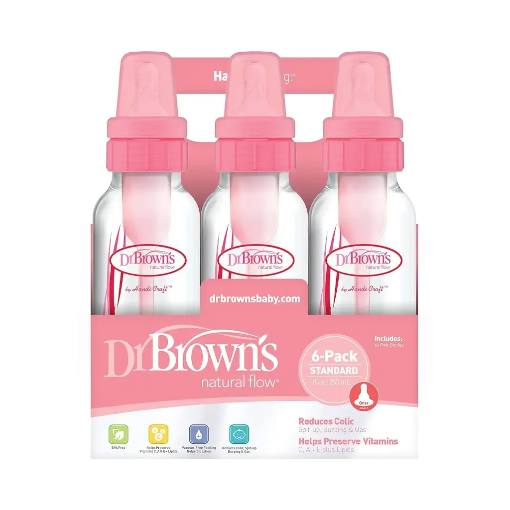 DR Browns Natural Flow Feeding Bottle 6PK Clear with Pink Print - 250ML(8OZ) (Standard) 