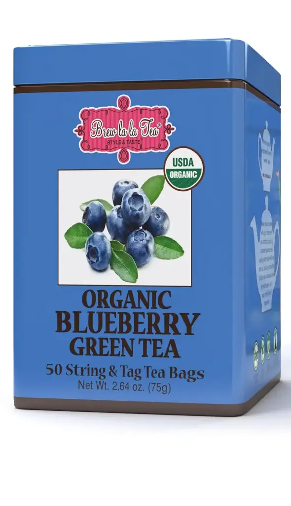 Brew La La Organic Green Tea - Natural Blueberry Flavor - 50 Double Chambered Bags - Low Caffeine Gourmet Tea - Certified Organic 
