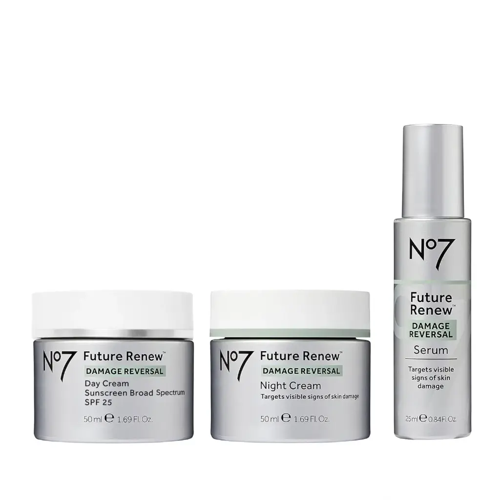 No7 Future Renew Damage Reversal Skincare Set - Anti Aging Face Serum (.33 Fl Oz), Day Cream with SPF 25 (1.69 Fl Oz) & Night Cream (1.69 Fl Oz) - Reverses Visible Signs of Sun Damage - 3-Piece Set 