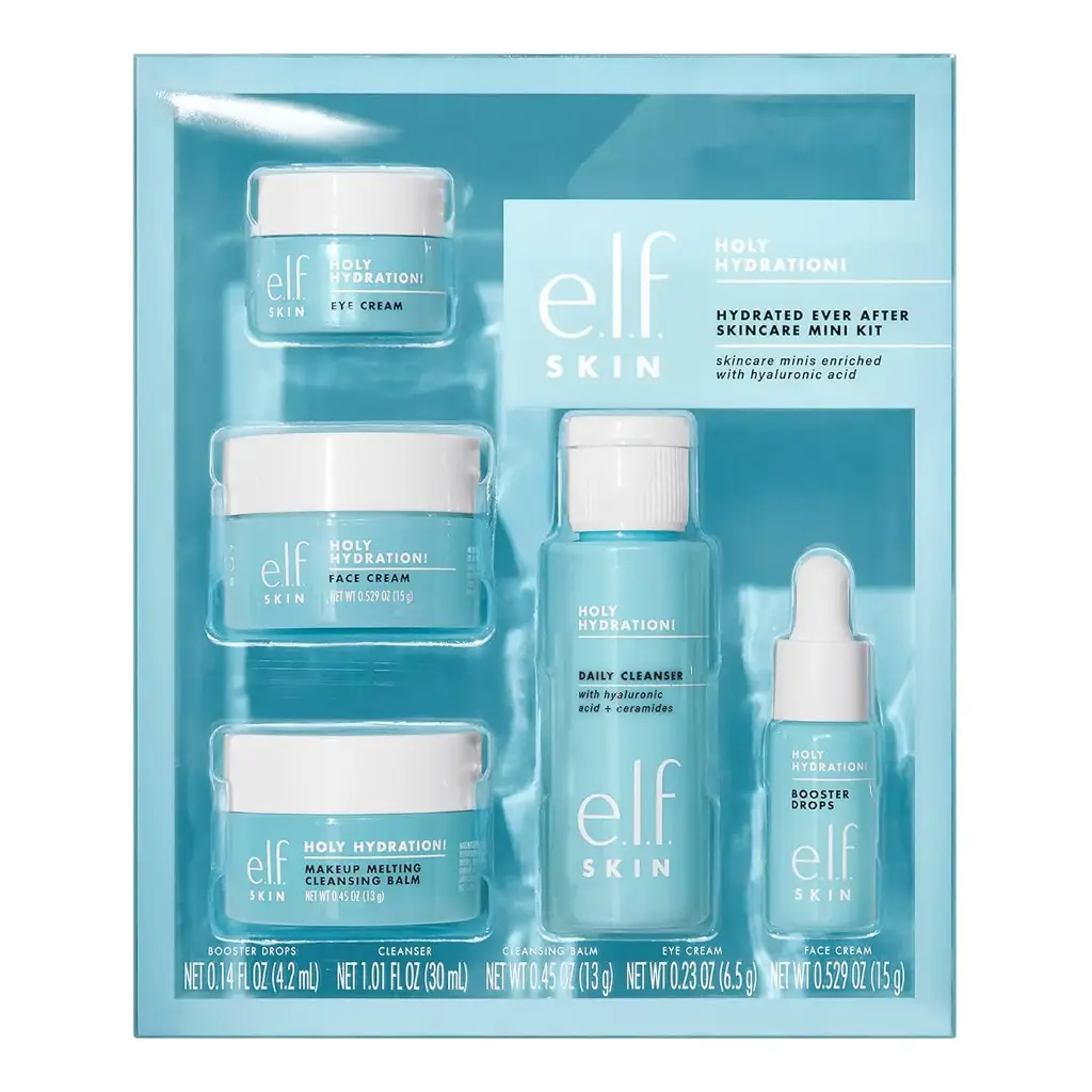 e.l.f. SKIN Hydrated Ever After Skincare Mini Kit, Cleanser, Makeup Remover, Moisturiser & Eye Cream For Hydrating Skin, Airplane-Friendly Sizes 