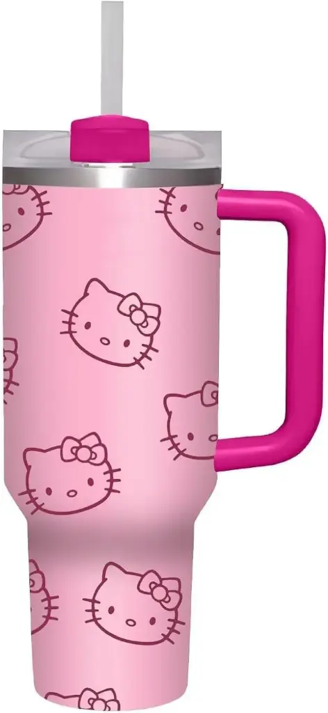 Insulated Tumbler, 1 Sets 40 oz Tumbler with Handle and Straw Lid, Insulated Cup Reusable Stainless Steel Water Bottle Mug Cups,40 Oz Tumbler with Handle, Pink Kitty (Pink) 