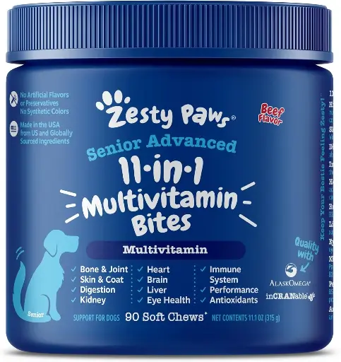 [909025] Zesty Paws Senior Dog Multivitamin Treats - Glucosamine for Dogs + Digestive Enzymes & Probiotics - Grain Free Dog Vitamins for Skin & Coat + Immune Health - Beef - Advanced - 90ct 