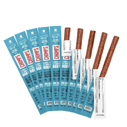 [909030] Chomps Grass-Fed and Finished Sea Salt Beef Jerky Snack Sticks 10-Pack - Keto, Paleo, Whole30, 10g Lean Meat Protein, Gluten-Free, Zero Sugar Food, Non-GMO 