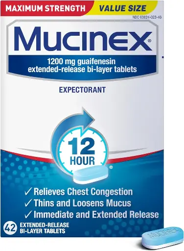 [252535] Mucinex 12 Hour 1200mg Maximum Strength Guaifenesin Chest Congestion & Mucus Relief, Guaifenesin Expectorant Aids Mucus Removal, Chest Decongestant for Adults, Dr Recommended, 42ct Tablets 