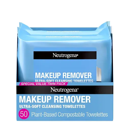 [252539] Neutrogena Makeup Remover Wipes, Ultra-Soft Cleansing Facial Towelettes for Waterproof Makeup, Alcohol-Free, Plant-Based, Twin Pack, 25 Count (Pack of 2) 