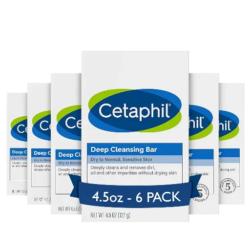 [252545] Cetaphil Bar Soap, Deep Cleansing Face and Body Bar, Pack of 6, For Dry to Normal, Sensitive Skin, Soap Free, Hypoallergenic, Paraben Free, Fragrance Free, Removes Makeup, Dirt and Oil 