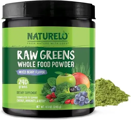 [909037] NATURELO Raw Greens Superfood Powder - Mixed Berry - Boost Energy, Detox, Enhance Health - Organic Spirulina - Wheat Grass - Whole Food Nutrition from Fruits and Vegetables - 240 Grams 