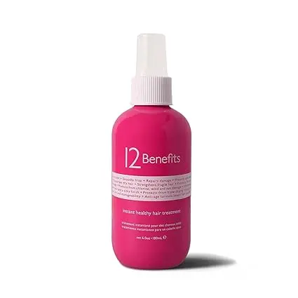 [909038] 12 Benefits Instant Healthy Hair Treatment - Leave In Conditioner Spray with Quaternium 39 and Silk Fibre Protein - Smooths Frizz, Strengthens & Repairs Damaged Hair - Made in USA, (6 Fl Oz) 