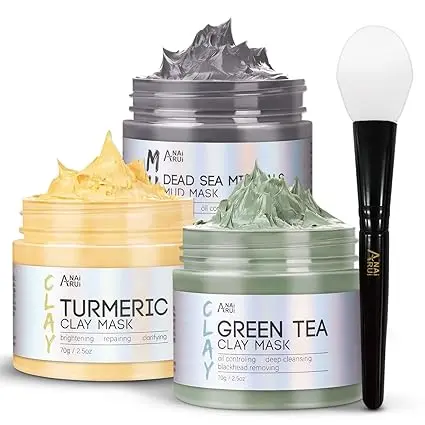 [21656] ANAI RUI Turmeric Clay Mask - Green Tea Clay Mask - Dead Sea Minerals Mud Mask, Spa Facial Mask Set, Face Mask Gift Set 2.5 oz each