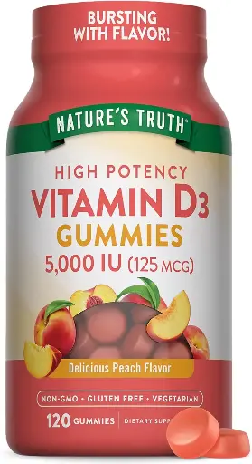 [252562] Nature's Truth Vitamin D3 Gummies | 5000 IU | 120 Count | Peach Flavor | Vegetarian, Non-GMO & Gluten Free Supplement 