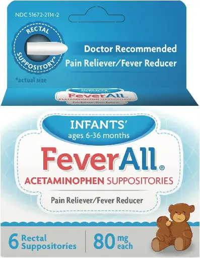 [909043] Feverall Infant Acetaminophen Suppositories 6 Rectal Suppositories 80mg Each Pain Reliever/Fever Reducer. Paraben Free, No Artificial Colors or Other preservatives. Ages 6-36 Months. Value 3 Pack. 