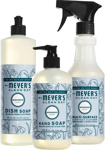 [253652] Mrs. Meyer's Kitchen Set, Dish Soap, Hand Soap, and Multi-Surface Cleaner, 3 CT (Snowdrop) 