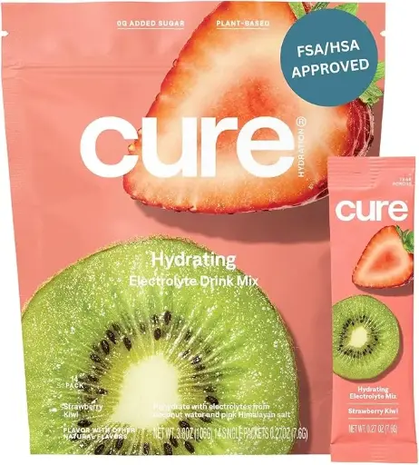 [6578476365] Cure Hydration | Plant-Based Electrolyte Drink Mix | No Added Sugar | Dehydration Relief Powder Made with Coconut Water | Non-GMO | Vegan | FSA & HSA | Pouch of 14 Packets - Strawberry Kiwi 
