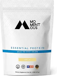 [63587867] Momentous Essential Grass-Fed Whey Protein Powder - 20g Whey Isolate Protein - NSF Certified, Gluten-Free, 24 Servings for Essential Everyday Use, Vanilla (Package May Vary) 