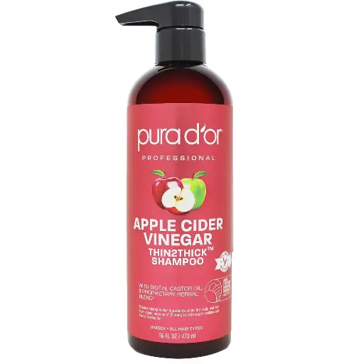 [222234] PURA D'OR 16 Oz Apple Cider Vinegar Thin2Thick Shampoo - Biotin, Castor Oil for Reduced Frizz, Split Ends, Clarifying & Detox, No Parabens, No Sulfates, All Hair Types, Men & Women