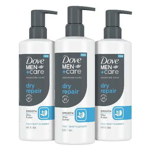 [222239] DOVE MEN + CARE Advanced Care Face + Body Cleanser Dry Repair 3 Count for Dry Skin Cleanser with Smooth Shea Butter 16.9 oz