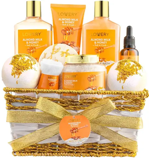 [954643] Gift Basket for Women - 10 Pc Almond Milk & Honey Beauty & Personal Care Set - Home Bath Pampering Package for Relaxing - Spa Self Care Kit - Thank You, Birthday, Mom, Anniversary Gift 
