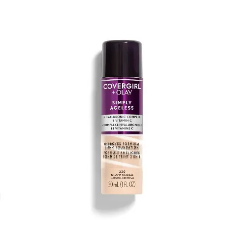 [252584] CoverGirl & Olay Simply Ageless 3-in-1 Liquid Foundation, Matte Finish, Hyaluronic & Vitamin C Formula, Cruelty Free, Creamy Natural, 1 Count 