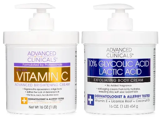 [846544] Advanced Clinicals Brightening Vitamin C Cream + 10% Glycolic Acid & Lactic Acid Exfoliating Body Lotion 2PC Skin Care Bundle | Brightening Body Moisturizer | KP Bump Eraser | Keratosis Pilaris, 2PC