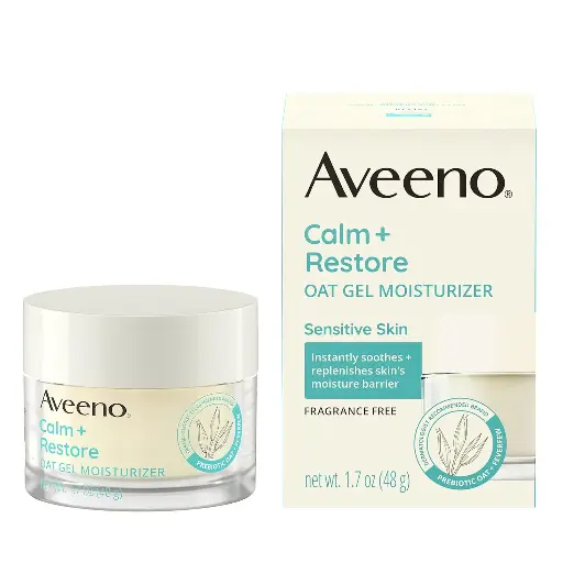 [252590] Aveeno Calm + Restore Oat Gel Facial Moisturizer for Sensitive Skin, Fast-Absorbing, Soothing Lightweight Gel Cream with Prebiotic Oat & Feverfew, Fragrance-Free & Hypoallergenic, 1.7 oz 
