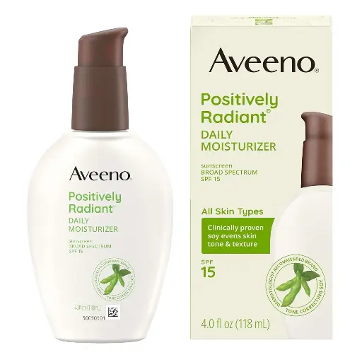 [252591] Aveeno Positively Radiant Daily Face Moisturizer with SPF 15 Sunscreen, Hydrating Facial Moisturizer with Soy Extract to Improve Skin Tone and Texture, Hypoallergenic Formula, Oil-Free, 4 FL OZ 