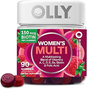 [5757887954] OLLY Women's Multivitamin Gummy, Vitamins A, D, C, E, Biotin, Folic Acid, Adult Chewable Vitamin, Berry Flavor, 45 Day Supply - 90 Count (Packaging May Vary) 