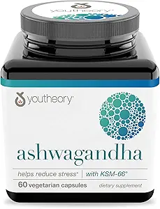 [4546333677] Youtheory Ashwagandha - 1,000 mg - Stress Support Supplement - Cortisol Support Supplement - Gluten, Dairy & Soy Free - 60 Vegetarian Capsules 
