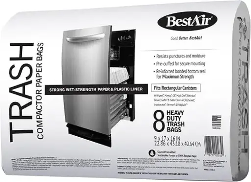 [54654211] BestAir WMCK133508-3 Heavy Duty Trash Compactor Bags, 16'' D x 9'' W x 17'' H, 24 Count (Pack of 3), Brown 