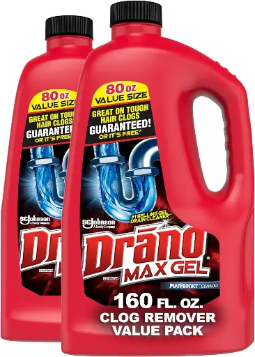 [2525107] Drano Max Gel Drain Clog Remover and Cleaner for Shower or Sink Drains, Unclogs and Removes Hair, Soap Scum and Blockages, 80 Oz, Pack of 2 