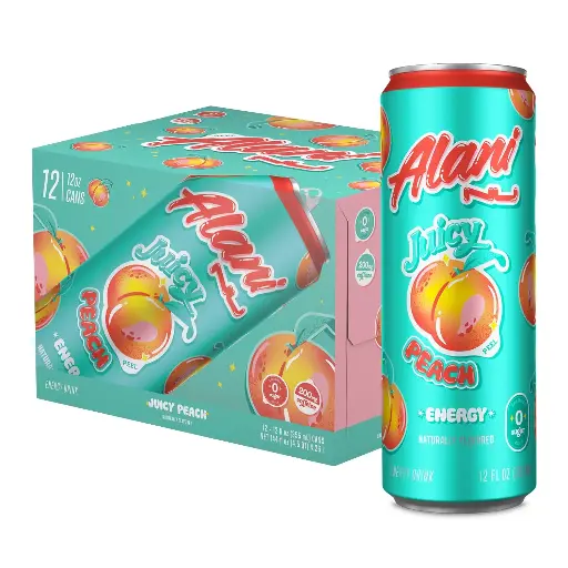 [43548797] Alani Nu JUICY PEACH Sugar Free, Low Calorie Energy Drinks | 200mg Caffeine | Biotin B Vitamins | Zero Sugar | 10 Calories | 12 Fl Oz Cans | 12 Pack 