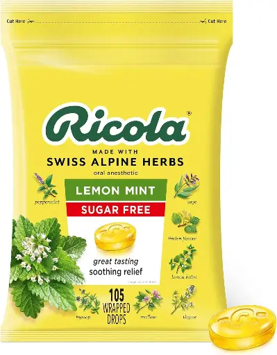 [2525111] Ricola Sugar Free Lemon Mint Herbal Cough Suppressant Throat Drops, 105ct Bag 