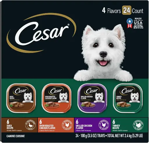 [2525113] CESAR Adult Wet Dog Food Classic Loaf in Sauce Poultry Variety Pack,. Easy Peel Trays with Real Chicken, Turkey or Duck, 3.5 Ounce (Pack of 24) 